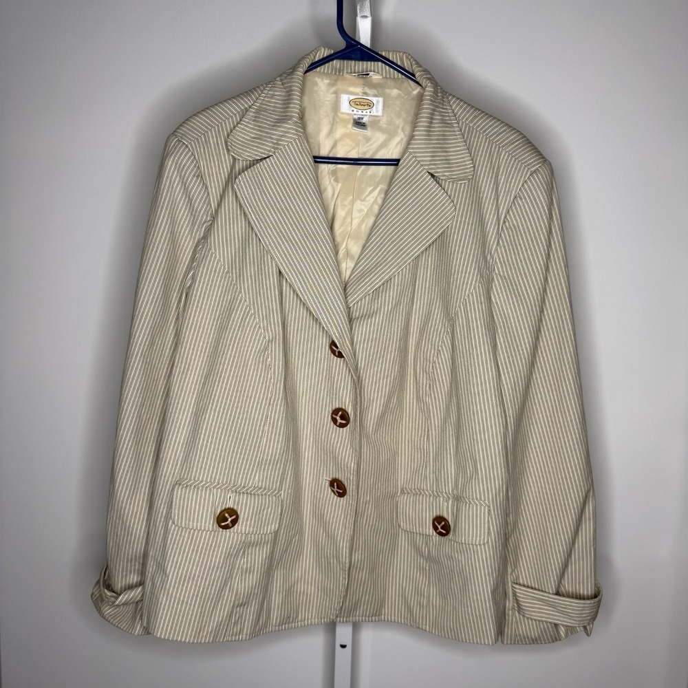 Women's Talbots Blazer Beige Small Stripe Button Front Long Sleeve